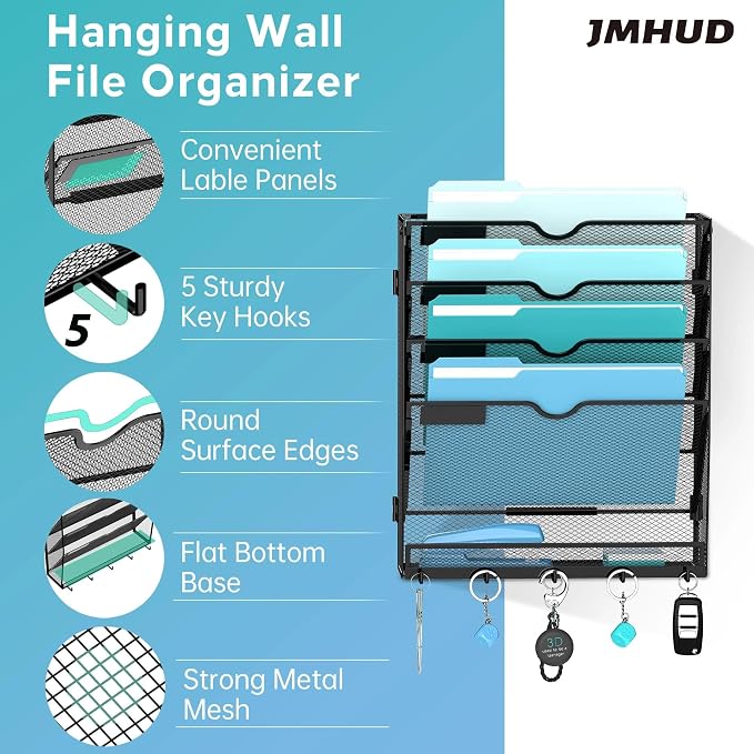 5-Tier Wall File Organizer and Mail Organizer with 5 Hooks, Black | Label slots, curved openings, 5 key hooks, and a bottom tray support organized mail, file, and everyday item storage.