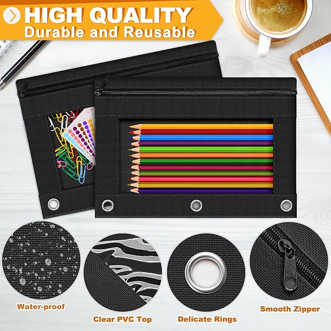 3 Ring Binder Pencil Pouch, 36 Pack Bulk Black Zipper Pencil Cases with Clear Window, Cloth Binder Pouches with 3 Holes, Durable Pencil Bags for Classroom School Office Supplies (Color of Black)