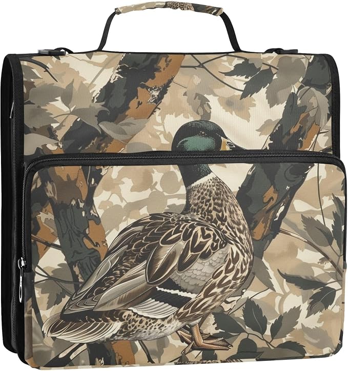Duck Camo Camouflage Vintage 3 Ring Zipper Binder with Handle 1.5 inch Binder Organizer, Multi Pockets Office File Folder with Shoulder Strap 500 Sheet Capacity