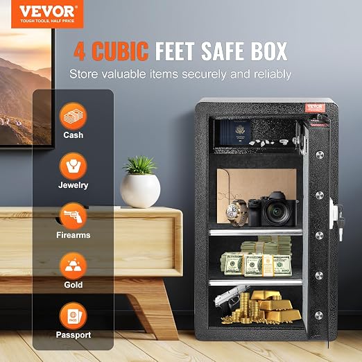VEVOR Single Door 4.0 cu.ft Safe Box with Key Lock & Password, Safe Lock Box with Fireproof Bag, Key Rack, LED Light, 2 Shelves, and 1 Cabinet for Money, Documents, Jewelry, and Valuables, Black