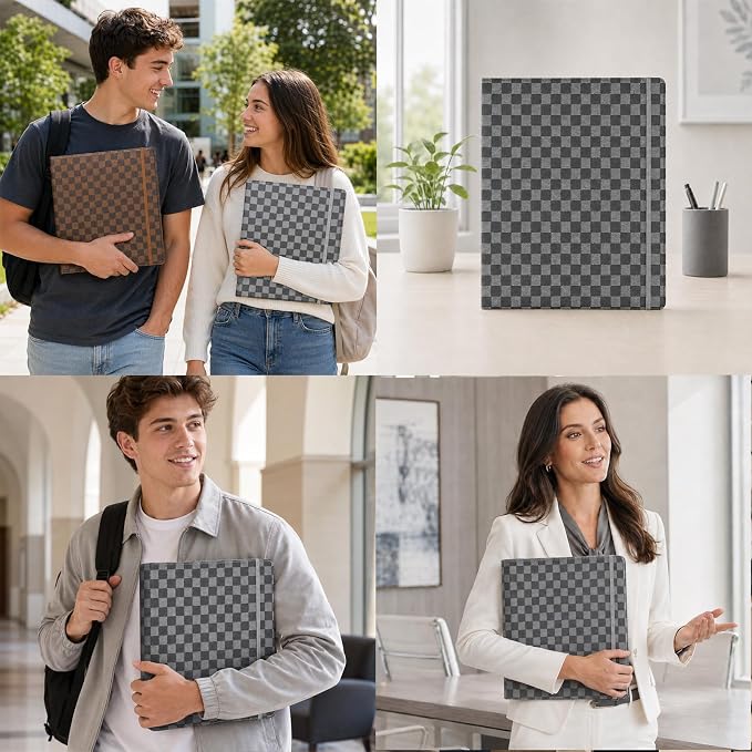 Grid Leather 3 Ring Binder 1 Inch, with Clipboard Notepad&5 Dividers with Pockets, Labels,PU Clipboards for School Office(Black,Letter Size)