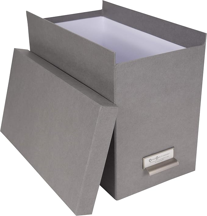 Bigso John Fiberboard Label Frame Desktop File Storage Box - Document Organizer for Important Paperwork - Durable Hanging File Box with a Lid & Metal Label Window - 7.36 x 13.38 x 10.51 in - Grey