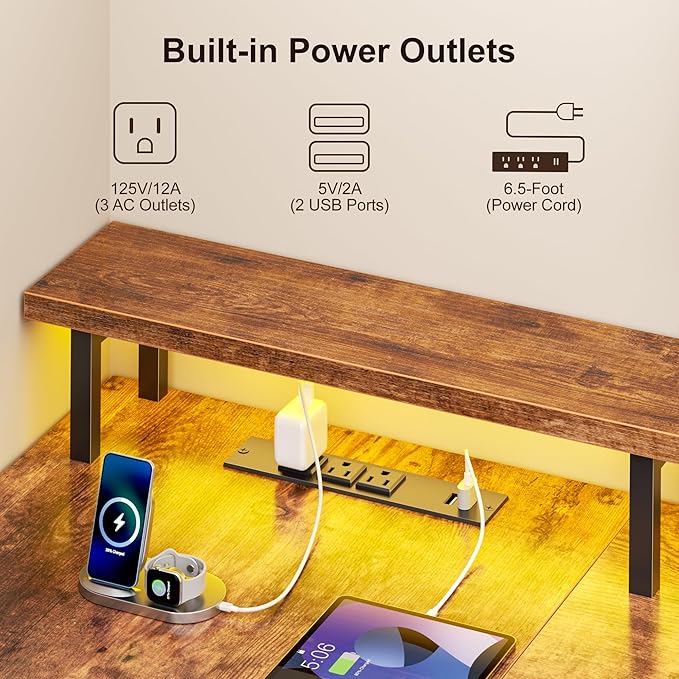 Korfile 66" L Shaped Computer Desk,Power Outlets,LED,Drawers,Rustic Brown | 66 inch L shaped Computer Gaming Desk with Power Outlets,Reversible Corner Design with Drawers,LED Lights,Office Gaming Work