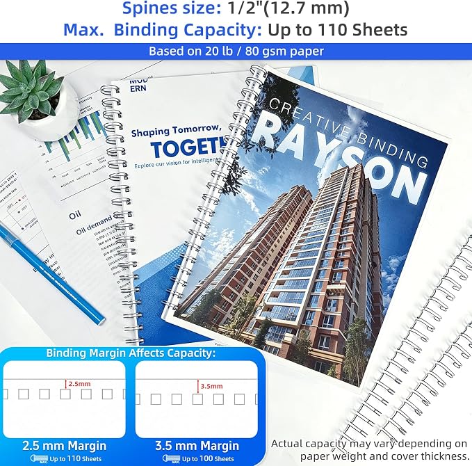 RAYSON Binding Wire Spines, 1/2 Inch, 21 Holes, 2:1 Pitch Double Loop Binding Wires Capacity 110 Sheets, Letter Size Silver Binding Spiral Pack of 100