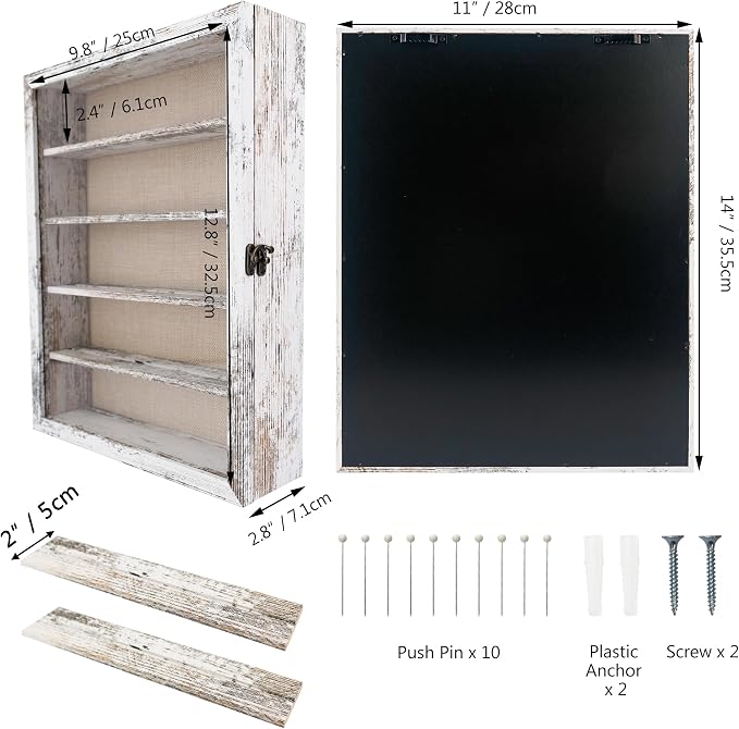 FramePro 11x14 Display Case with Adjustable Shelves White, 4-Tier Memory Shadow Box for Wall, Deep Wooden Keepsake Display Shelf with Locking Door for Memorabilia, Photos, Medals, Wedding, Home Decor