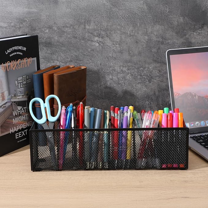 2 Pcs Mesh Desk Organizer Metal Mesh Pen Holder 6 Compartments Desktop Stationery Pencil Caddy Organizer Basket for Home School Classroom Teachers