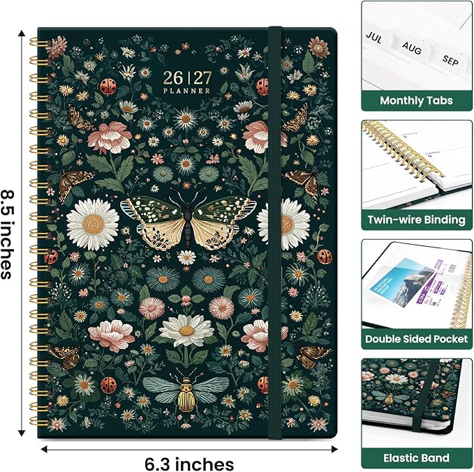 Taja Planner 2026-2027, Jul 2026-Jun 2027 Monthly & Weekly Calendar Planner | 6.3" x 8.5", Hardcover Academic Calendar, Teacher Student Agenda Book with Tabs, School Office Supplies, Insects in Blooms