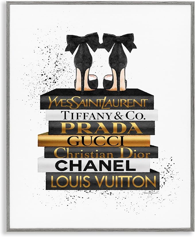 Stupell Industries 'Black Gold White Glam Bookstack', Framed Giclee Art, Gray, 16 x 20 Inches, Easy to Hang and Sturdy, Made in USA, by Amanda Greenwood