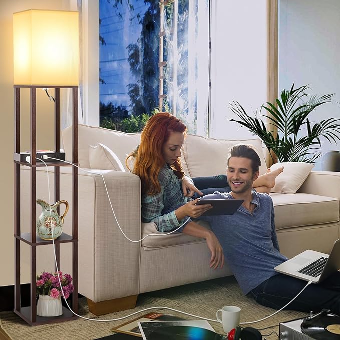 Shelf Floor Lamp with Wireless Charger, USB, Type C, AC Port,Brown | Fast Charging USB Ports & Type C Port & 2 Power Outlets, 3 Tier Storage Shelf Lamp, E26 Base, 60W Max(Bulb Not Included)