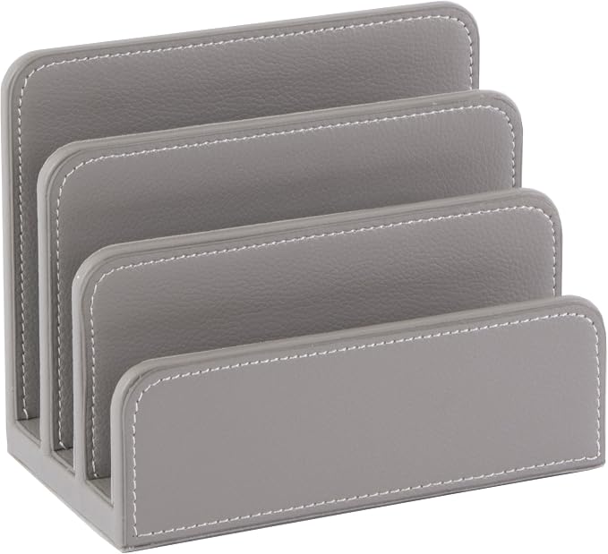 OSCO Faux Leather Mail Sorter & Envelope Organiser – Desk File Storage Stand with Display Slots – Modern Letter Holder Tray Minimalist Home & Office – Grey