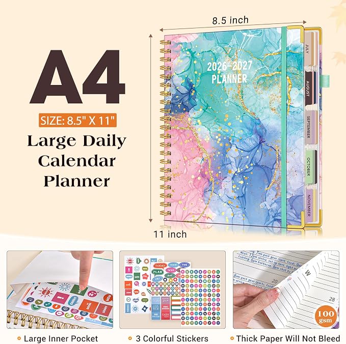 Academic Planner 2026-2027, 18 Months Weekly and Monthly Daily Planner from July 2026 - December 2027, 8.5" x 11" A4 Large Hardcover Agenda Organizer Book with Tabs, Spiral Yearly Calendar Planners for School Work Home, Pink Blue Marble