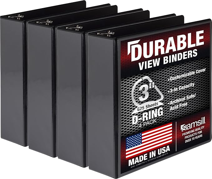 Samsill Durable 3 inch 3 Ring Binder, D Ring Binder, 100% Recycled Chipboard, Black, 4 Pack