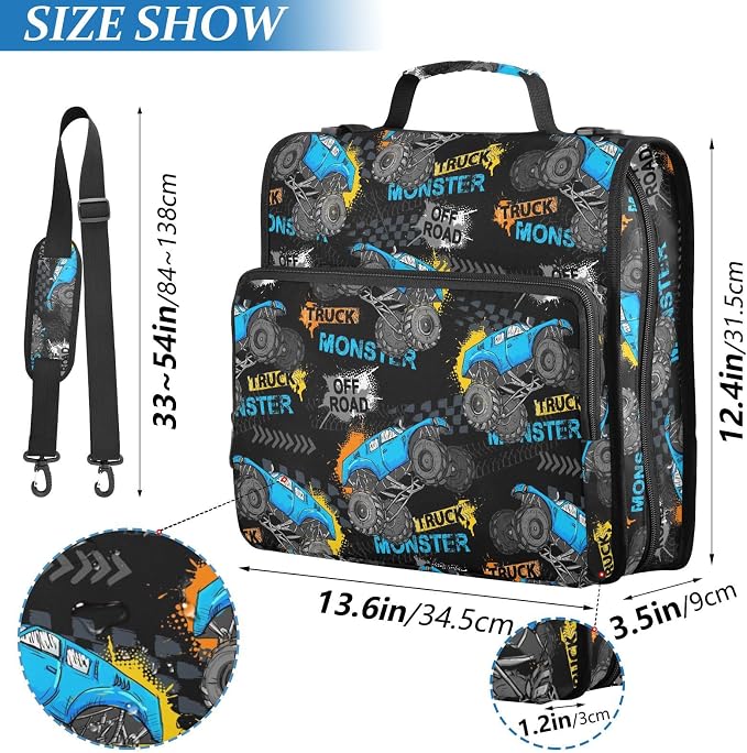 Monster Truck Print Zipper Binder Bag 3 Ring with Shoulder Strap & Handle Multi Pocket Binder Organizer Bag Large Capacity for School Office Supplies