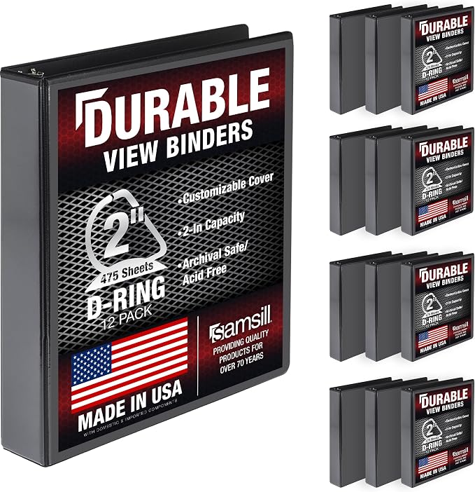 Samsill Durable 2 inch 3 Ring Binder, D Ring Binder, 100% Recycled Chipboard, Black, 12 Pack