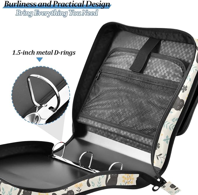 Cute Black Cats and Flowers Zipper Binder with Shoulder Strap Bag 3 Ring Binder Organizer Large Capacity Multiple Compartments for School Office