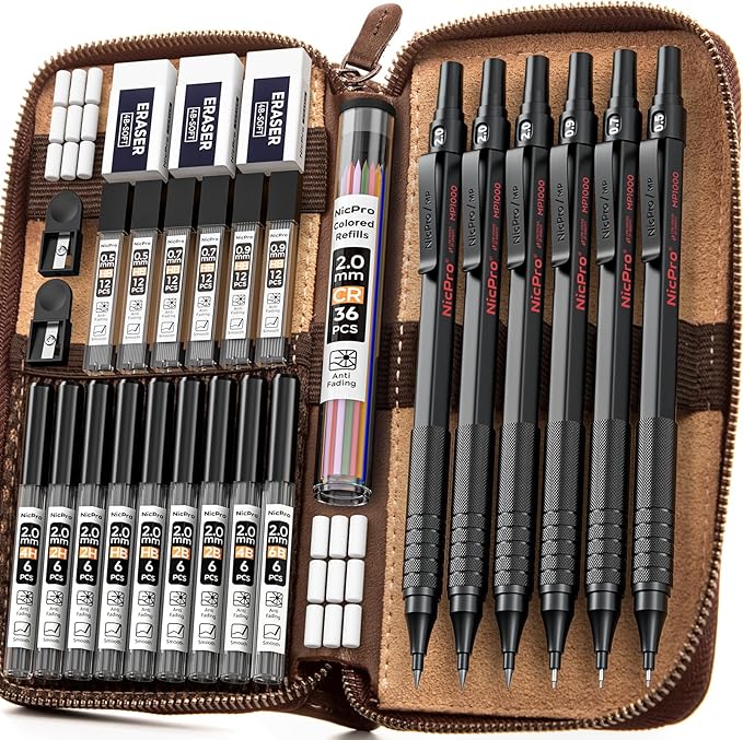 Nicpro 30PCS Black Metal Mechanical Pencil Set in Leather Case