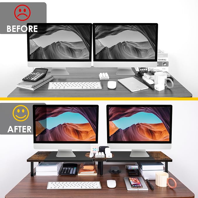 Across-Star Dual-Monitor Stand for Desk - Large Adjustable Length and Angle Riser for 2 Monitors, Double Computer Desktop Organizer, Shelf for TV, Laptop, Printer