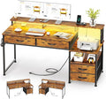 53" Computer Desk with 4 Drawers & Power Outlets, Reversible Home Office Desk with Monitor Stand & Printer Stand, Gaming Desks with Led Lights, Study Writing Work Desks Table for Bedroom, Vintage