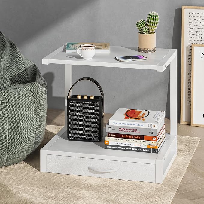 YAOHUOO 2-Tier Desktop Printer Stand with Fabric Drawer,17.3"x11.8" White | Printer Table with Storage Shelf,Desk Organizer for Home Office,Fit Printer,Fax Machine,Scanner,Space Saving for Two Monitors