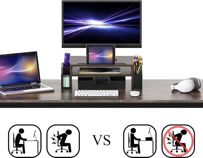 Simple Houseware Desk Monitor Stand Riser w/ Adjustable Tray, Espresso | Built-In Tablet Slot and Side Storage