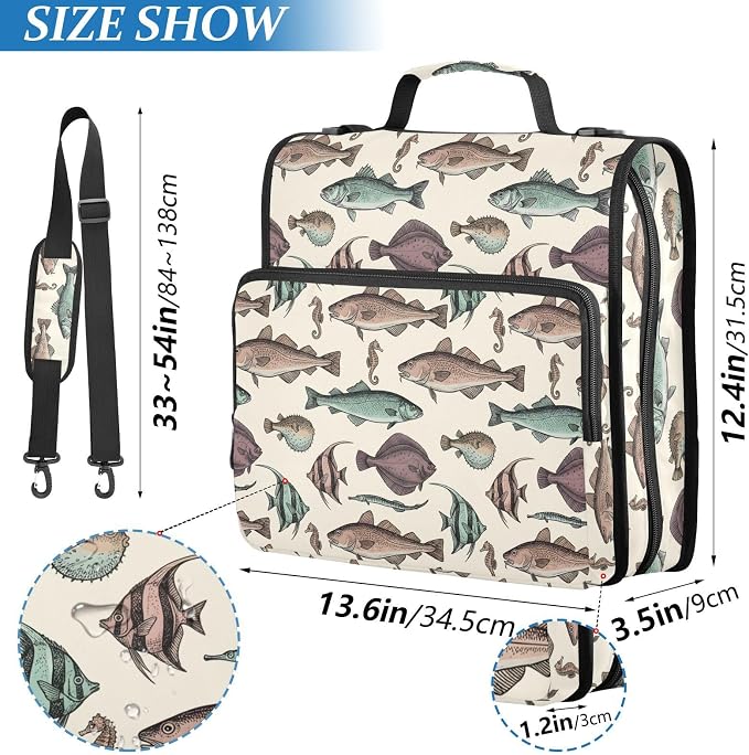 Vintage Fish Beige Print Zipper Binder Bag 3 Ring with Shoulder Strap & Handle Multi Pocket Binder Organizer Bag Large Capacity for School Office Supplies