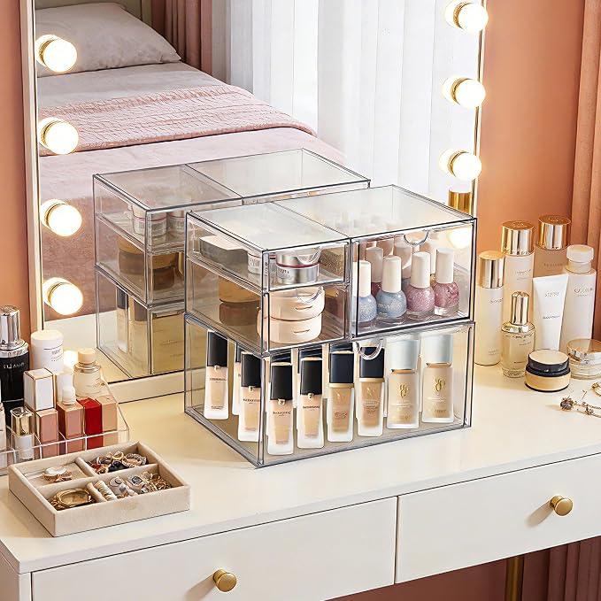 Prsildan Acrylic Drawer Makeup Organizer with 4 Drawers, Set of 2 | Clear, Baby Bottle Storage, For Vanity Countertop Bathroom Cosmetic Office Desk, Craft Jewelry Art Supply Organization