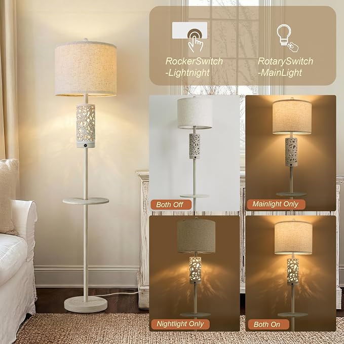 Dimmable Farmhouse Floor Lamp for Living Room, 2-in-1 Rustic Floor Lamp with Main&Night Light,Linen Shade&Dual Switches, 65" Standing Lamp for Bedroom Office Corner Dining Room, Wood Pole Lamp