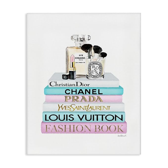 Fashion Designer Makeup Bookstack, 36 x 48 Inch Canvas Wall Art | Stupell Industries · By Amanda Greenwood · Ready to hang · Great for fashion inspired spaces · Made in USA