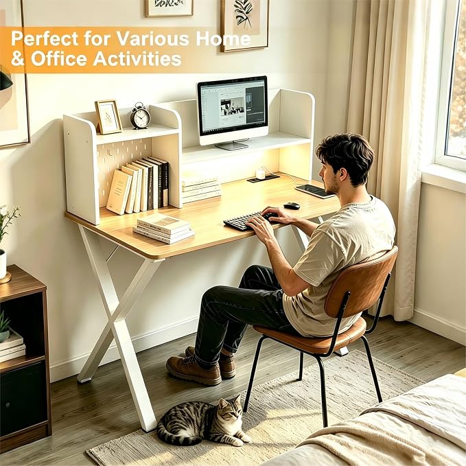 Lightdot 44"×24" White Computer Desk with Motion Sensor Light, Home Office Gaming Desk with Charging Station Pegboard, Modern Study Desk for Work Bedroom Game Kids Room Living Room