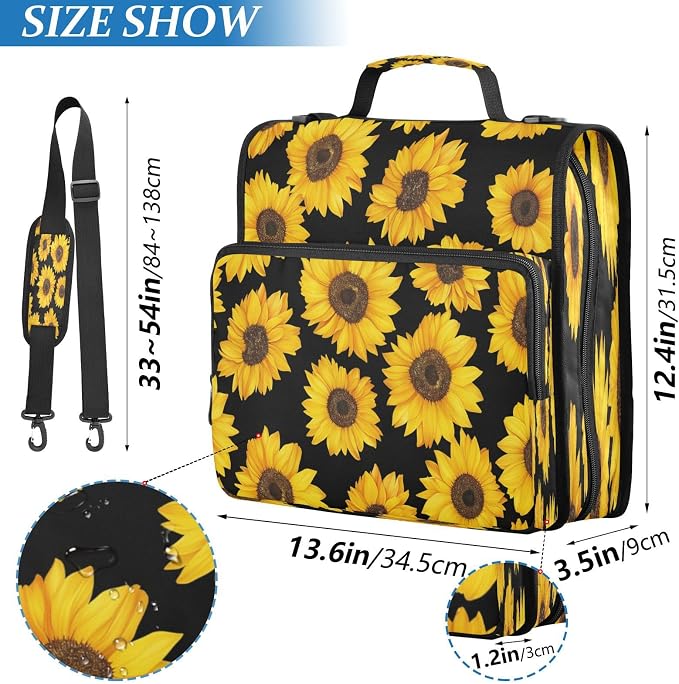 ATTX Sunflower Pattern Zipper Binder with Adjustable Padded Strap - 3 Ring 500 Sheet Capacity Binder Bag with Multi-Pocket Organizer, Fits 12 Inch Laptop