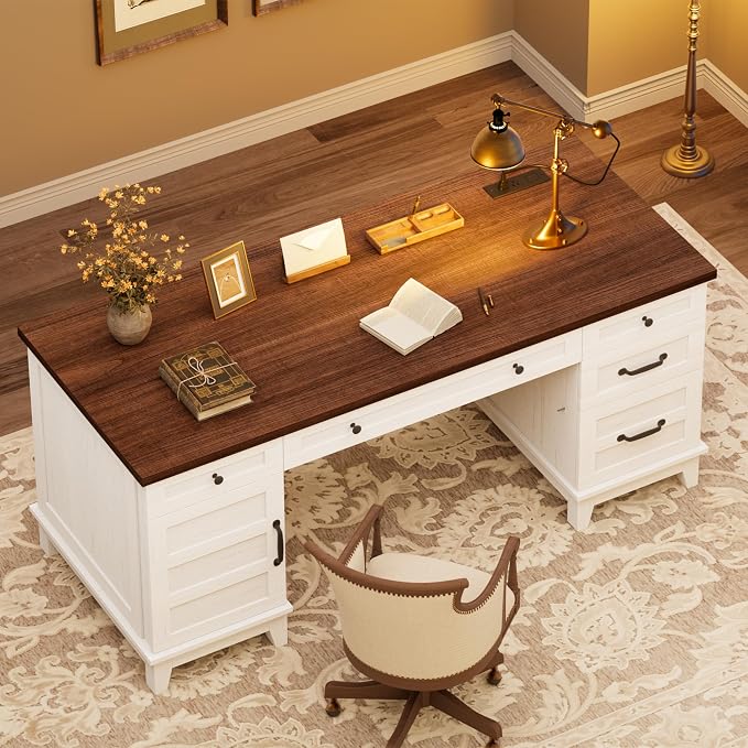 IDEALHOUSE Farmhouse Executive Desk 60 Inch, Wooden Home Office Desk with Adjustable Storage Cabinet, Built-in Charging Port, File Cabinet for Writing & Study, Elegant Workstation, Brownish White