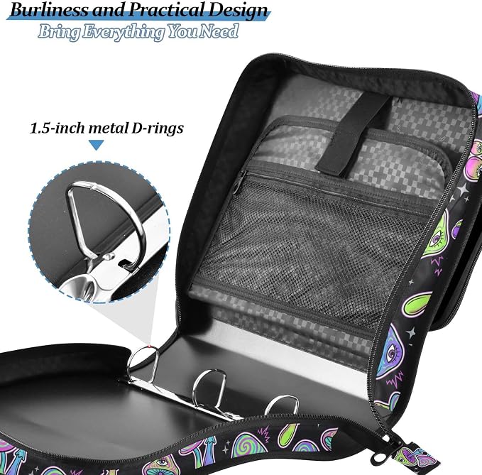 Mushrooms Eyes Black Print Zipper Binder Bag 3 Ring with Shoulder Strap & Handle Multi Pocket Binder Organizer Bag Large Capacity for School Office Supplies