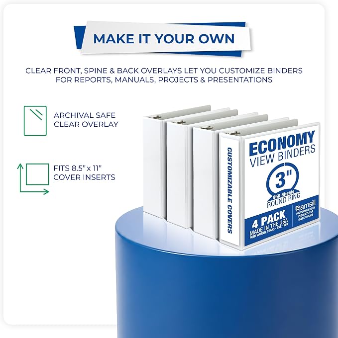 Samsill 3 Inch 3 Ring Binders, Economy Round Ring, Clear View Cover, 550 Sheet Capacity - for School, Home, Office - White, 4 Pack