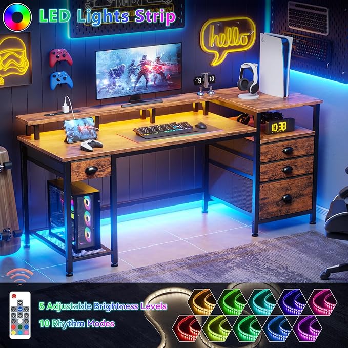 Furologee 60" Computer Desk with 4 Drawers, Power Outlet, LED, Rustic Brown | Home Office Desk with Full Monitor Stand,Storage Shelves, 4 File Drawers Cabinet ,Printer Space for Study Working Bedroom