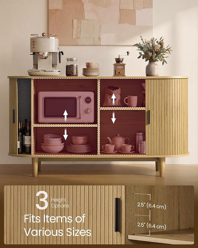 VASAGLE Storage Cabinet, Sideboard with Adjustable Shelves | Mid-Century Modern Buffet Cabinet, 55.1 x 15.7 x 29.5 Inch, for Living Room, Walnut, MIRIANA Collection ULSC631KX01
