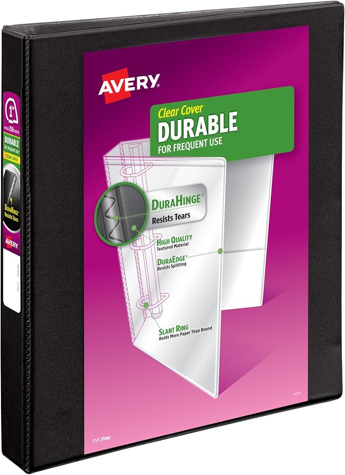 Avery Durable View 3 Ring Binder, 1" Slant Rings, 1 Black Binder | For Daily School, Home and Office Use, Tear-Resistant Spine, DuraEdge Split-Resistant Edges, Clear Customizable Overlays