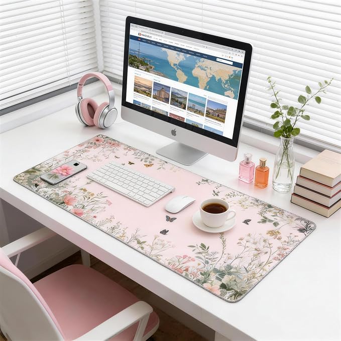 Cute Floral Aesthetic Wildflower Gaming Mouse Pad, Pink Macaron Desk Mat with Anti-Slip Base & Stitched Edges, Office & Home Desk Decor for Women, 35.4" x 15.7" in Computer Desktop Mat