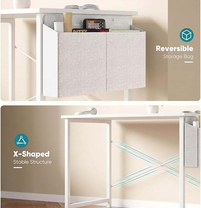 OLIXIS Small Computer Desk, 40 Inch Gaming Desks for Home Office | Writing Study Craft Work Table, Computer Workstation for Bedroom Small Spaces with Storage Bag, All White