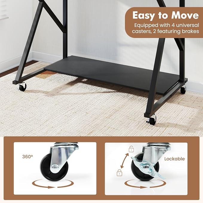 Giantex Rolling Computer Desk with Charging Station, Mobile Portable Laptop Desk with Monitor Stand & Storage Shelf, Small Desk with Lockable Wheels for Small Spaces, Home Office (Black)