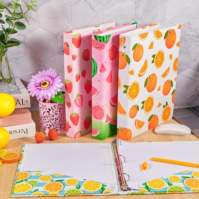 Fainne 4 Pcs Fruit 3 Ring Binder Cute Binder Lemons Strawberry Watermelon Orange Decorative Round Ring with Interior Pockets for School Office A4 Paper, 9.84 x 1.57 x 12 Inch