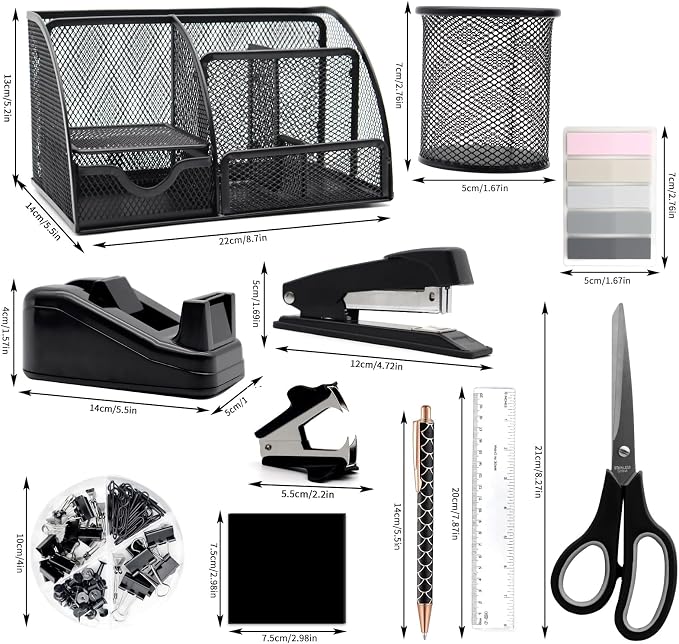 12Pcs Black Desk Organizers and Accessories Set for Office School Home | Black Office Supplies for Coworkers Students, Include Stapler, Pen Holder, Tape Holder, Scissors, Ruler, Staple Remover