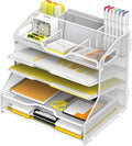 YINGHUA 5-Tier Mesh Desk Organizer, Letter Tray - White | Sturdy steel mesh with 3 sliding trays, 2 handles, 6 adjustable top sections. U-shaped design for easy access to office files