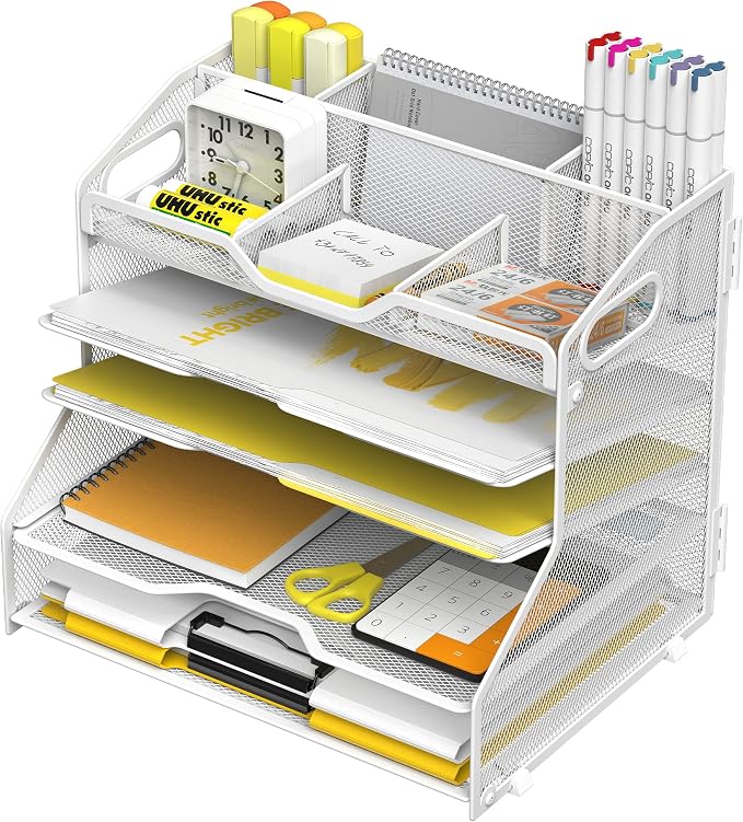YINGHUA 5-Tier Mesh Desk Organizer, Letter Tray - White | Sturdy steel mesh with 3 sliding trays, 2 handles, 6 adjustable top sections. U-shaped design for easy access to office files