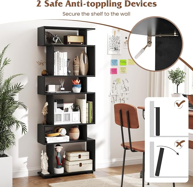 Tangkula 6-Tier S-Shaped Bookshelf, 64" Freestanding Geometric Bookcase, Home Office Wood Storage Shelf with Anti-Toppling Device, Room Divider Display Rack for Study, Living Room (2, Black)