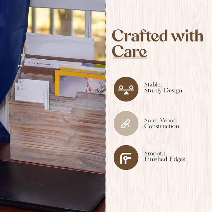 Besti Wooden Desk Organizers for Office & Home Use – 12.8 x 5 x 12 Inch Vintage File Stand – Vertical Desktop File Folder Organizer – Durable File Shelf – Ideal for Files, Folders, Envelopes, Mail