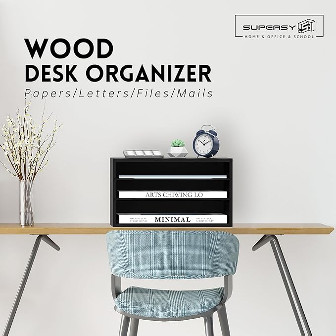 3 Tier Wood Desk Organizer, Mail Sorter and Paper Organizer for Desk, Black | Wooden Desktop Organizer for Sorting Papers, Letters and Mails, Literature Organizer for Home Office, Classroom Organization