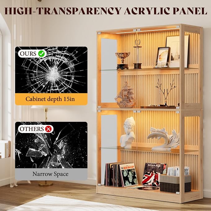 AMERLIFE 45-Inch RGB Display Cabinet with Glass Doors | 70 H x 45 W x 16 D In, 4-Tier Storage, RGB LED Lights, Press-to-Open Doors, for Collectibles, Wood-Grain Slatted Finish