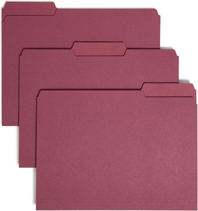 Smead Interior File Folder, 1/3-Cut Tab, Letter Size, Maroon, 100 per Box, Expandable File Folders for Filing Cabinet