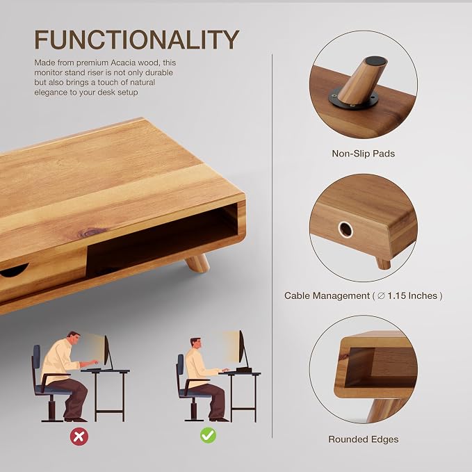Tinamo Acacia Monitor Stand with Drawer, Multi-Purpose Storage (Patented) | Acacia Wood, Fits Monitors up to 32", Built-in Drawer, Hidden Storage, Non-slip, Round Edge, Ergonomic Height, Easy Assembly