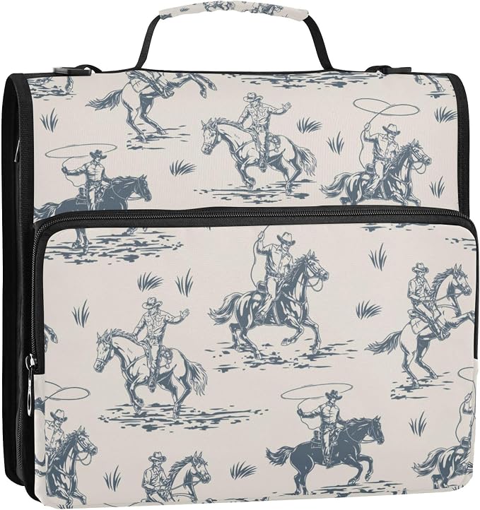 Fisyme Cowboys Horse Western Zipper Binder 3 Ring with Zipper and Shoulder Strap Large Capacity Multi-Pocket Zipper Binder Organizer